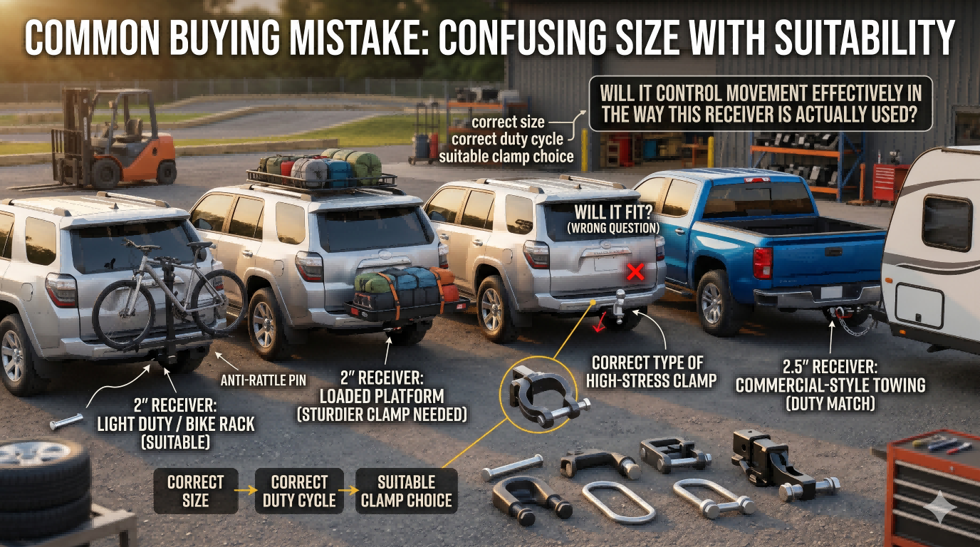 Infographic showing a common hitch clamp buying mistake: confusing receiver size with actual application suitability
